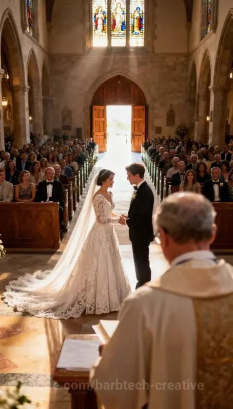 Bride looking shocked and running away from a disastrous wedding ceremony.