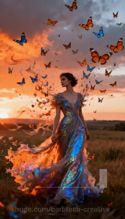 Woman in an elaborate dress standing in a natural landscape, symbolizing an emotion.