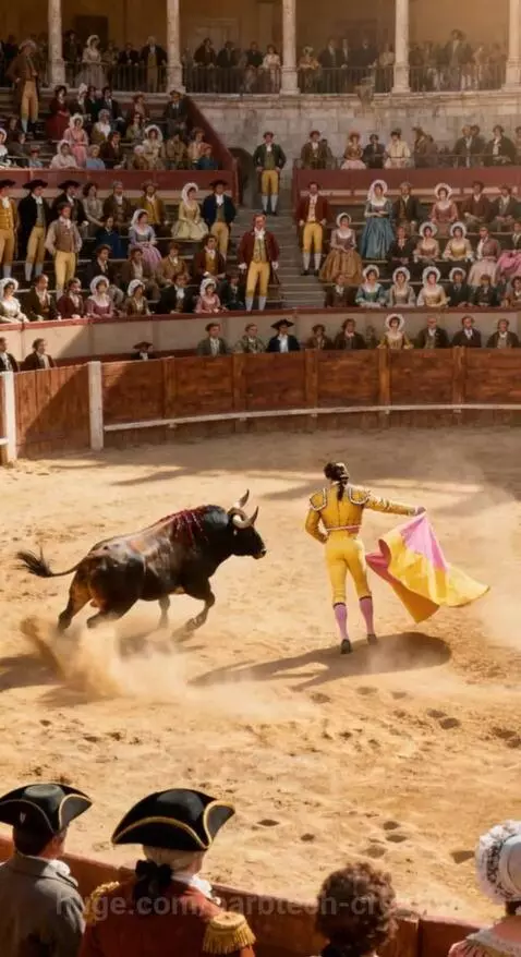 Montage of 18th-century Madrid street scenes, market, and people in period attire.