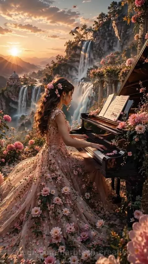 AI art of a woman in a flowing floral gown in a magical, nature-filled landscape with waterfalls.