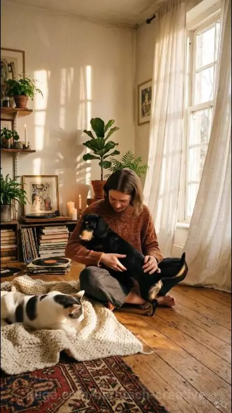 Woman painting with a floral lion-like creature, symbolizing inner strength and self-discovery.