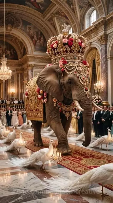 Elephant with crown on red carpet, surrounded by peacocks and people in a grand hall.