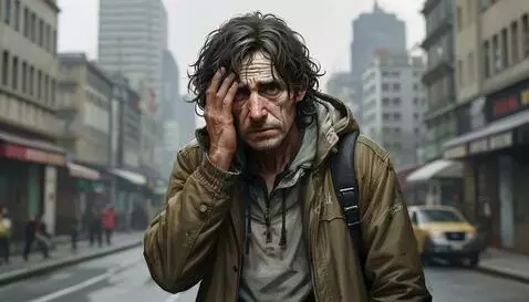 Animated text 'Decadence' with cracked font, followed by a troubled man on a city street.