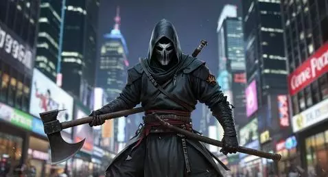 A hooded figure with axes stands in a city, with AI-generated and realistic scenes of war and daily life.