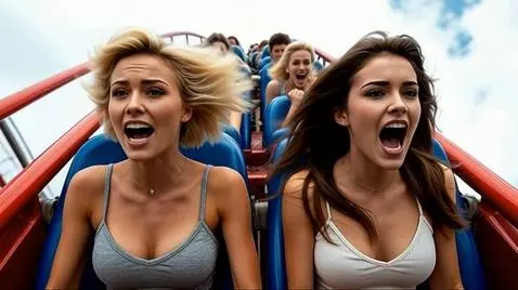 AI art of a figure at a keyboard, followed by scenes of people on a bridge, in a car, at a nightclub, and on water slides.