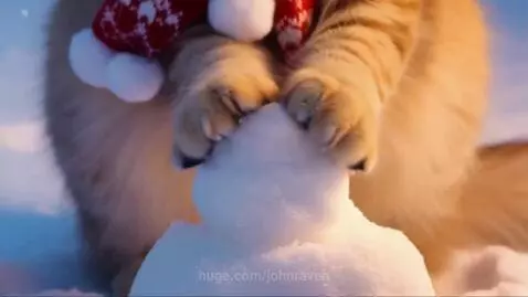 Festive New Year 2026 montage: Santa surfing, cat with snowball, snowman, fireworks, and animated greeting.
