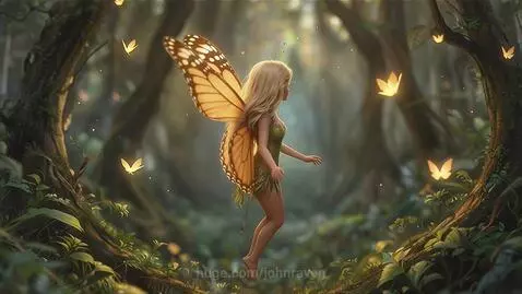 Animated blonde fairy with large, glowing butterfly wings in a sun-dappled forest, reaching for a bright, golden orb.