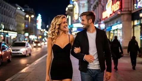 A well-dressed couple walks arm-in-arm down a bustling city street at night, illuminated by streetlights.