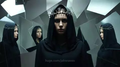 Woman in a black hooded robe with a crown of thorns in a fragmented mirror environment.