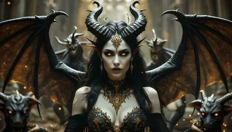 Demon queen Lilith with horns and wings, playing guitar amidst fire and skulls, symbolizing rebellion and power.