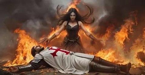 Depiction of Templar knights in bloody medieval battle, with arrows and fallen warriors.