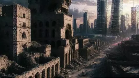 A desolate ruined city in the foreground with a futuristic cityscape in the background under a dramatic sky.