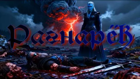 Hel, goddess of death, plays a glowing guitar on a throne amidst fire and stained glass, with a battlefield scene.