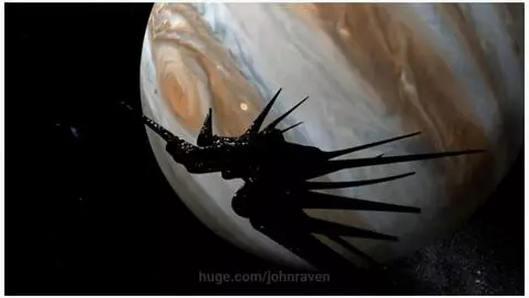 Silhouette of a spiky alien spaceship against the swirling, banded surface of a gas giant.