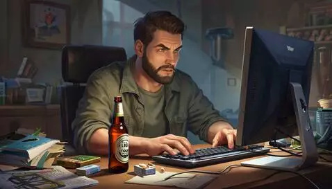 Animated man engrossed in a fantasy game, contrasted with a dark, real-world cityscape.
