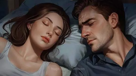 Animated man and woman sleeping, man looks troubled.