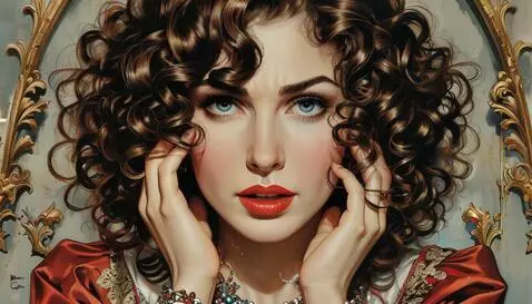 AI humanoid figure playing music with a painting of a woman in the background.