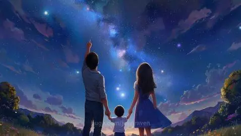 Family looking at Milky Way, futuristic space station orbiting Earth.