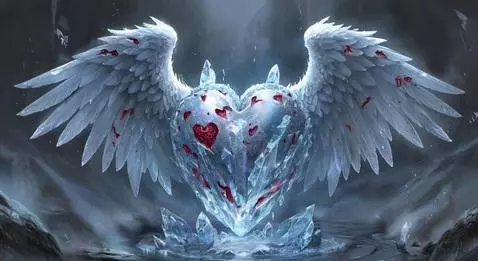 Animated ice heart with blood-stained wings and a man with large white wings on a frozen lake.