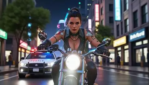 AI generated woman in leather on a motorcycle, with neon city lights and a graveyard scene.