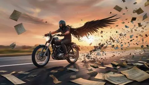 Motorcycle rider with large dark wings on back, riding at sunset with debris flying.