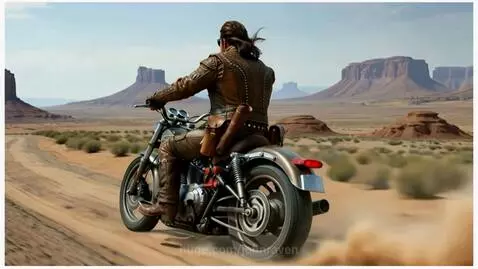Man on a motorcycle in a desert, embodying freedom and a life of speed and risk.
