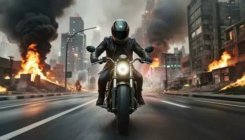 Motorcyclist in helmet riding through a devastated city with fires and smoke, then a dark forest.
