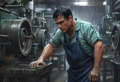 Man and woman cuddling in bed, then man walks alone on city street, then man works at industrial machine, repeating.