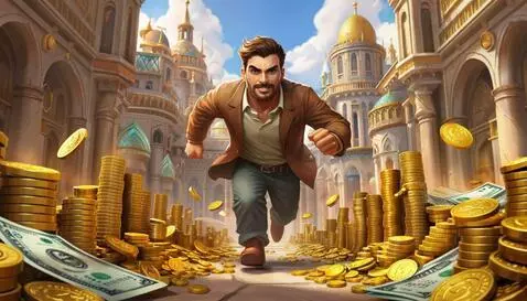 Animated giant man walking through piles of gold coins in a city, with a melancholic tone.