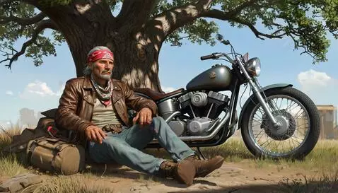 A biker couple rides motorcycles towards a sunset, with an older biker joining them.