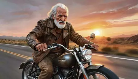 Elderly man with white beard working on a motorcycle in a garage, with musical notes and text 'CREATIVE FREELOADER'.