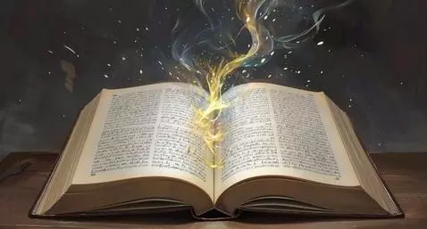An ancient, glowing book emanates light, overlaid on a scene of a man writing by a scenic river.
