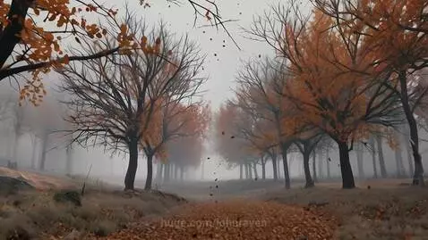 A brown bear lies in autumn leaves as snow begins to fall, with a hare running through a forest.