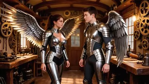 Couple with large metal wings embracing, with a cityscape in the background.