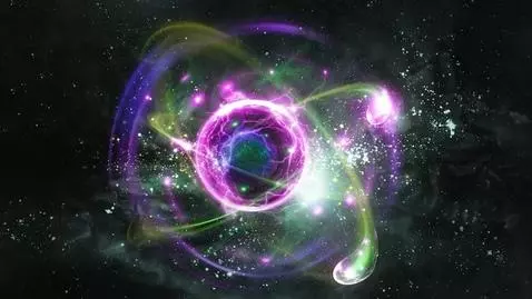 Woman in athletic wear performing a split, with abstract atom and galaxy animations.