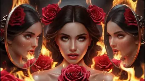 Woman with dark hair, red lipstick, and red roses in her hair, reflected in mirrors with a fiery background.