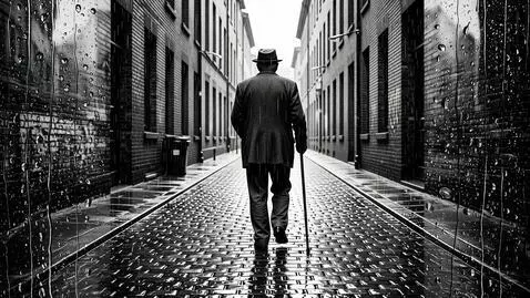 Black and white scene of a man walking away down a misty, wet cobbled street, symbolizing departure and remembrance.