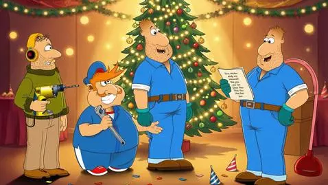 Animated plumbers celebrating New Year with a Christmas tree and champagne.