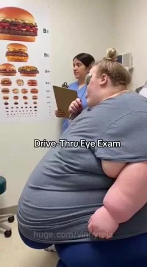 Obese woman in an eye exam identifying fast food items on an eye chart.
