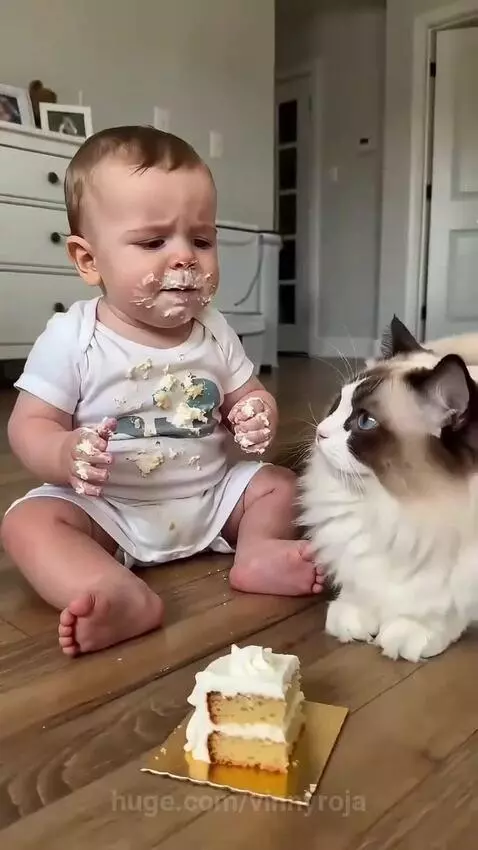 Baby covered in cake frosting sits on floor as a cat approaches the cake.