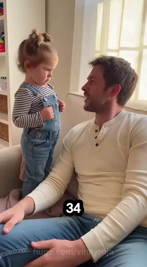 A young girl in overalls playfully tells her dad that 34 is ancient, like dinosaur numbers.