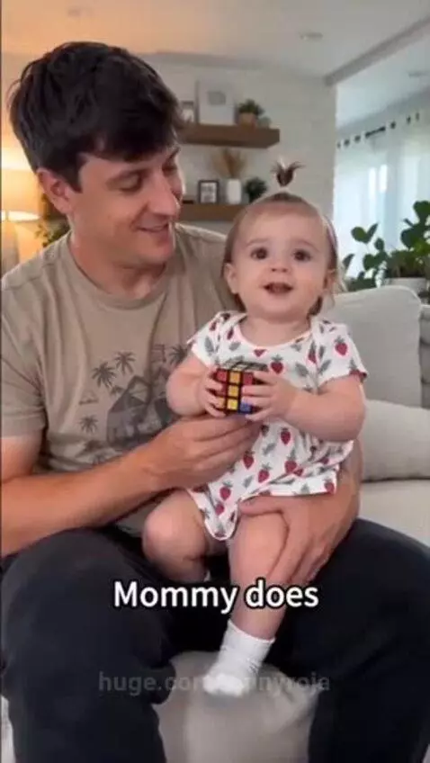 A smiling man holds a baby girl on his lap. The baby, wearing a strawberry onesie, plays with a Rubik's Cube.
