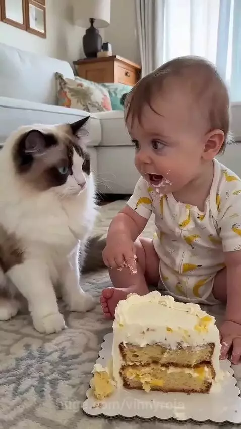 Baby covered in cake frosting crying as a cat paws at the cake.