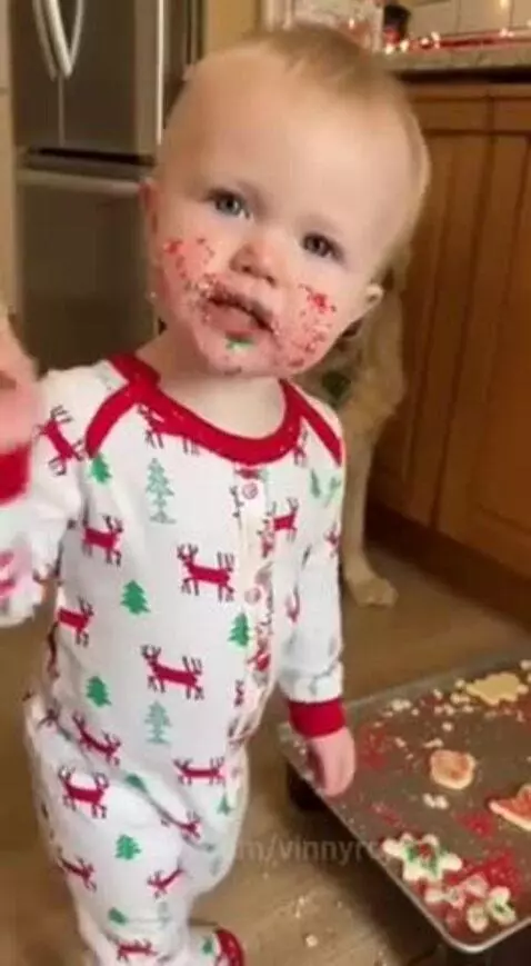 Toddler with sprinkles on face points at golden retriever, blaming it for eating Santa's cookies.