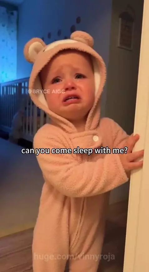 A crying baby in a pink bear onesie stands in a dimly lit room, looking scared.