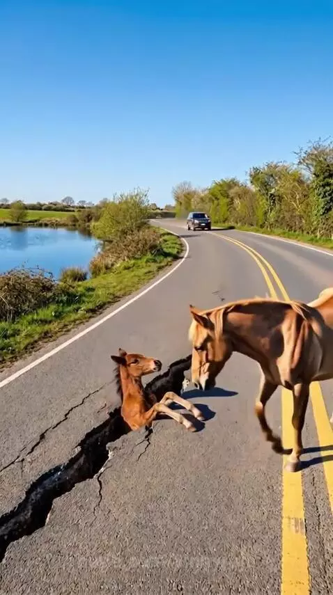 Woman in uniform gently freeing a foal from a crack in an asphalt road, with its mother nearby.
