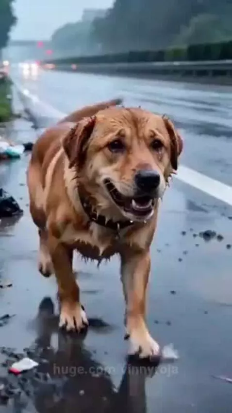 Adult dog gently carrying a small, unresponsive puppy in its mouth through a muddy, rain-soaked field.