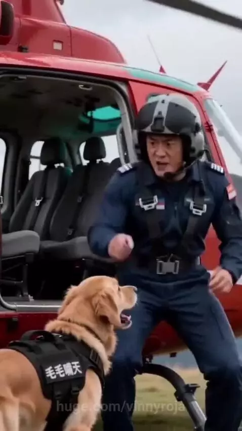 Golden retriever dog clinging to a helicopter skid, then leading a pilot to an unconscious man on a mountain.