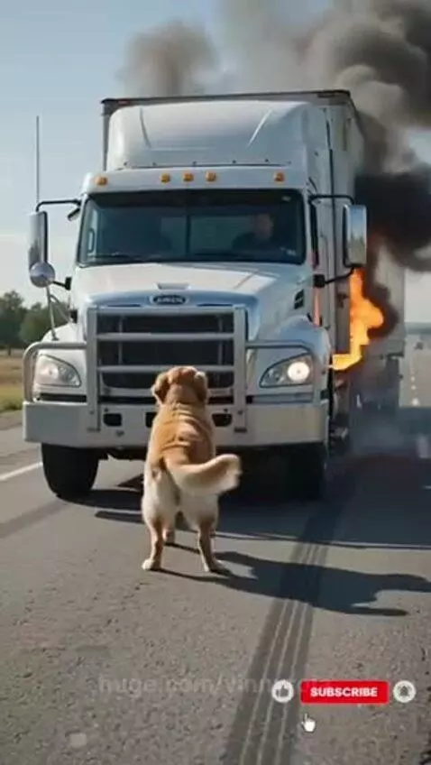 Golden retriever barking at a semi-truck driver's door as flames erupt from the truck's rear.