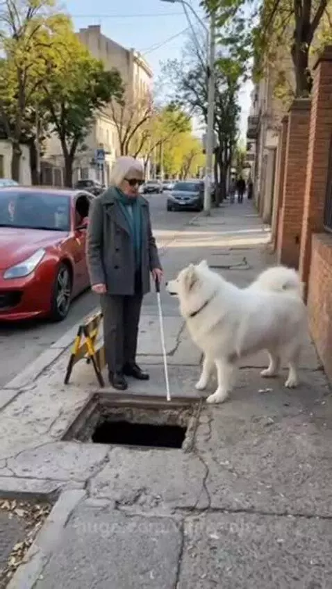 A white Samoyed dog places a plank over an open manhole for a blind woman with a white cane.